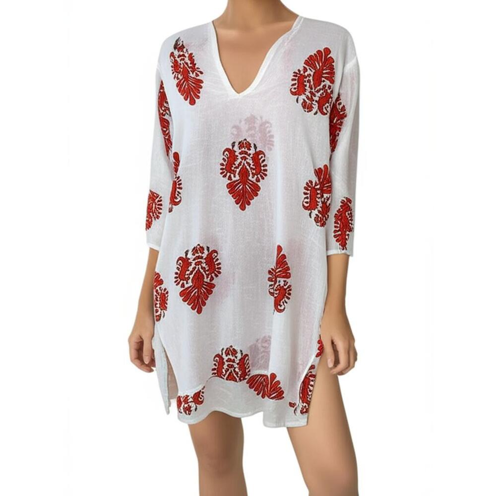 Barbara Gerwit Tunic Top Womens Medium  Print V-Neck Side Slit Boho Resort‎
